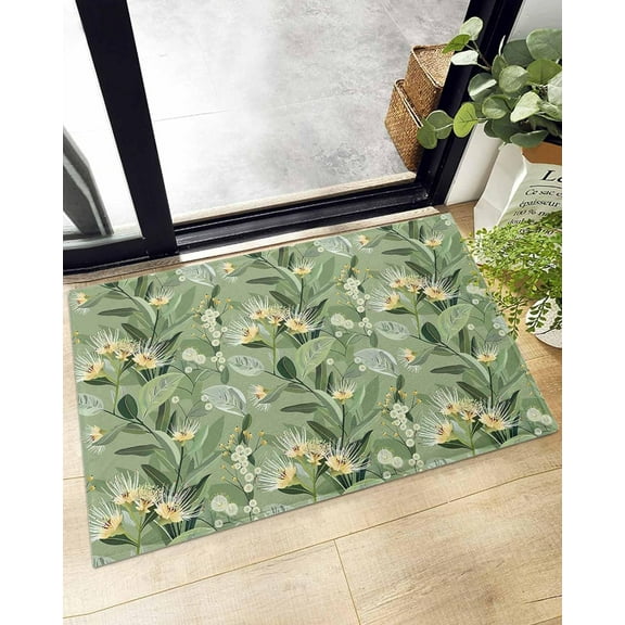 Shag Bath Rugs Watercolor Floral Green Leaves Seamless Plush Soft Fluffy Doormat Floor Carpet,Non-Slip Living Room Bedroom Kitchen Entryway Door Mats Country Botanical