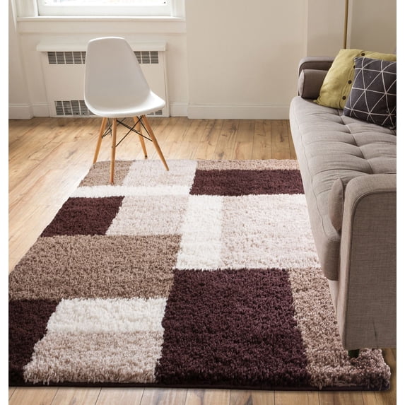 Shag Cubes Modern 3x5 ( 3'3'' x 5'3'' ) Area Rug Brown Plush Geometric Blocks & SquaresEasy Care Thick Soft Living Room