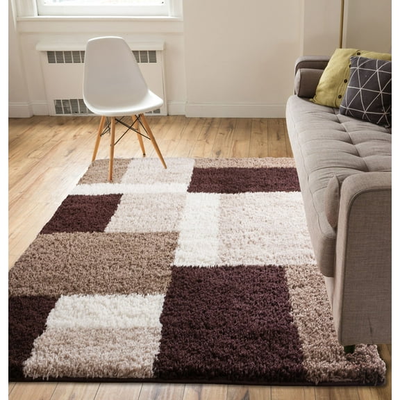 Shag Cubes Modern 5x7 ( 5' x 7'2'' ) Area Rug Brown Plush Geometric Blocks & SquaresEasy Care Thick Soft Living Room