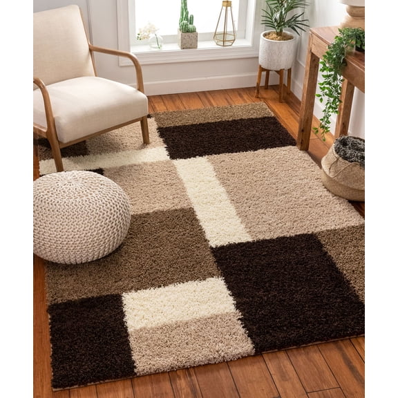Shag Cubes Modern (9'3" x 12'6") Area Rug Brown Plush Geometric Blocks & SquaresEasy Care Thick Soft Living Room
