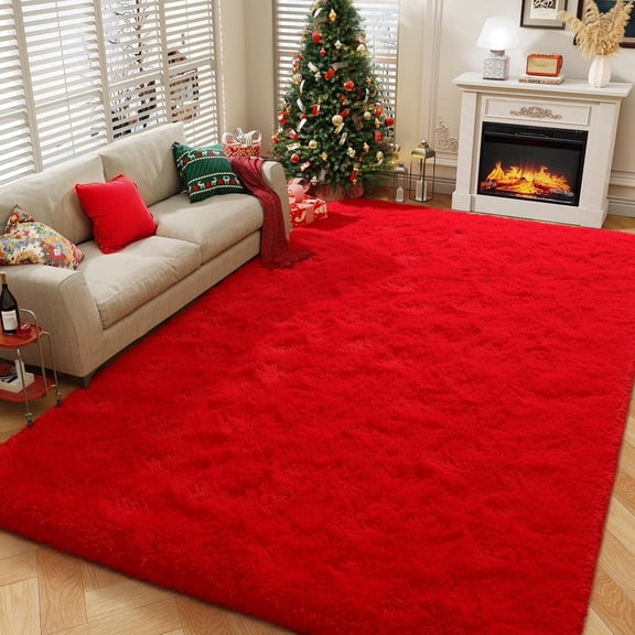 Shag Fluffy Area Rug - 5' x 8' Red, Non-Slip, Extra Soft Shaggy Carpet Mat for Bedroom, Living Room, Nursery, and More