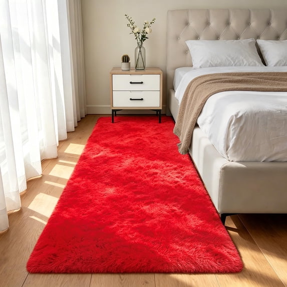 Shag Runner Rug for Bedroom Living Room 3x7 Upgrade Non-Slip Fluffy Soft Bedside Rugs,Red Shaggy Carpet for Kids Girls Boys Dorm Nursery Home Decor Aesthetic