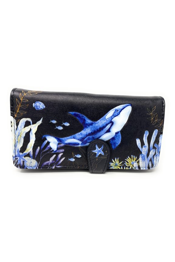 Shag Wear Orca Large Wallet Vegan Faux Leather Ocean Design Clutch with Card Slots Bill Compartments ID Window Zippered Coin Pocket 7" Black Y101