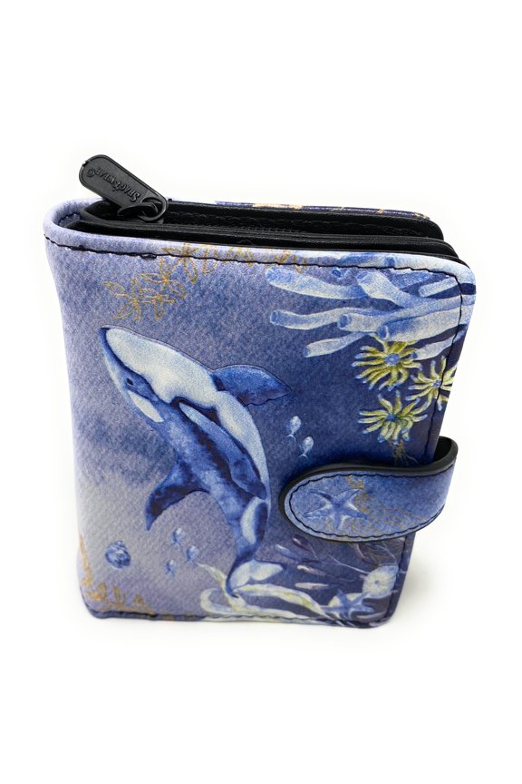 Shag Wear Orca Small Wallet Vegan Faux Leather Ocean Design Compact Purse with Card Slots ID Window Bill Pocket Zippered Coin Section 4.5" Black Textured Y101