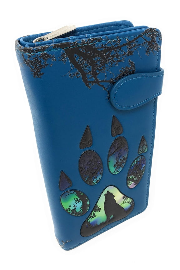 Shag Wear Wolf Paw Large Animal Print Wallet for Women and Teen Girls Vegan Faux Leather 7" Blue Y101