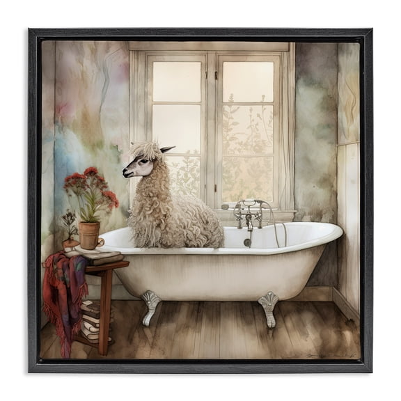 Stupell Industries Shaggy Alpaca Bath Time Black Framed Floater Canvas Wall Art, design by Sasha