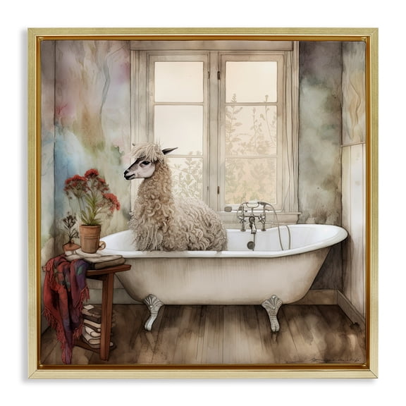 Stupell Industries Shaggy Alpaca Bath Time Gold Framed Floater Canvas Wall Art, design by Sasha