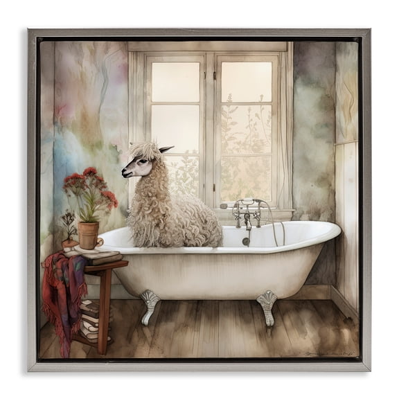 Stupell Industries Shaggy Alpaca Bath Time Gray Framed Floater Canvas Wall Art, design by Sasha