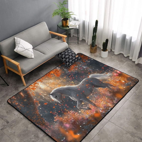 Shaggy Area Rug, Autumn Maple Leaf White Horse Rugs for Living Room Bedroom Non Slip Door Mat Indoor Carpet Machine Washable Nursery Home Decor Floor Mats for Entryway 60x39in