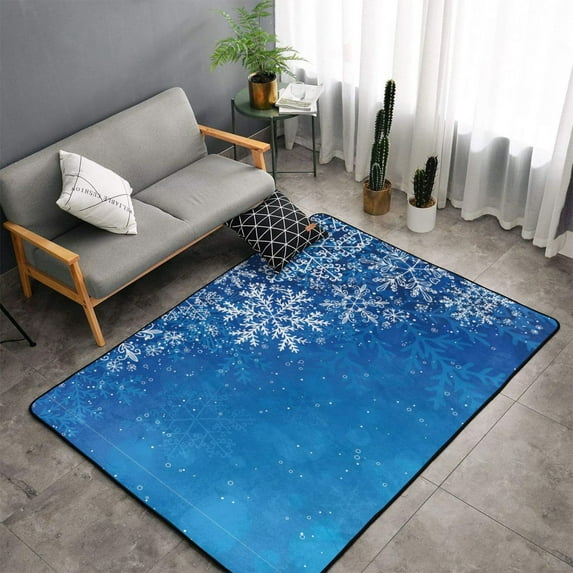 Shaggy Area Rug, Blue Christmas With Snowflakes Rugs for Living Room Bedroom Non Slip Door Mat Indoor Carpet Machine Washable Nursery Home Decor Floor Mats for Entryway 60x39in