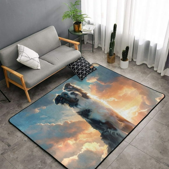 Shaggy Area Rug, Cloud Border Collie Rugs for Living Room Bedroom Non Slip Door Mat Indoor Carpet Machine Washable Nursery Home Decor Floor Mats for Entryway 60x39in