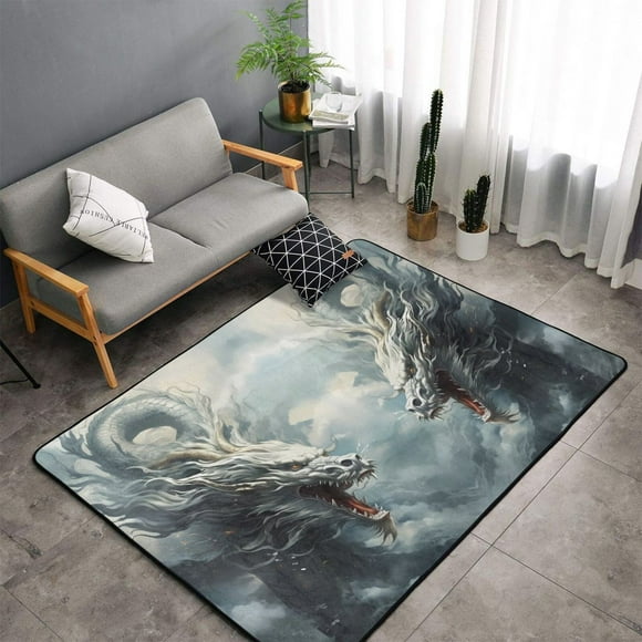 Shaggy Area Rug, Cloud White Dragon Rugs for Living Room Bedroom Non Slip Door Mat Indoor Carpet Machine Washable Nursery Home Decor Floor Mats for Entryway 60x39in