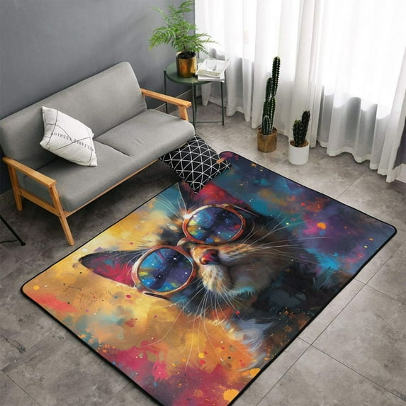 Shaggy Area Rug, Cool Cat With Sunglasses Rugs for Living Room Bedroom Non Slip Door Mat Indoor Carpet Machine Washable Nursery Home Decor Floor Mats for Entryway 60x39in