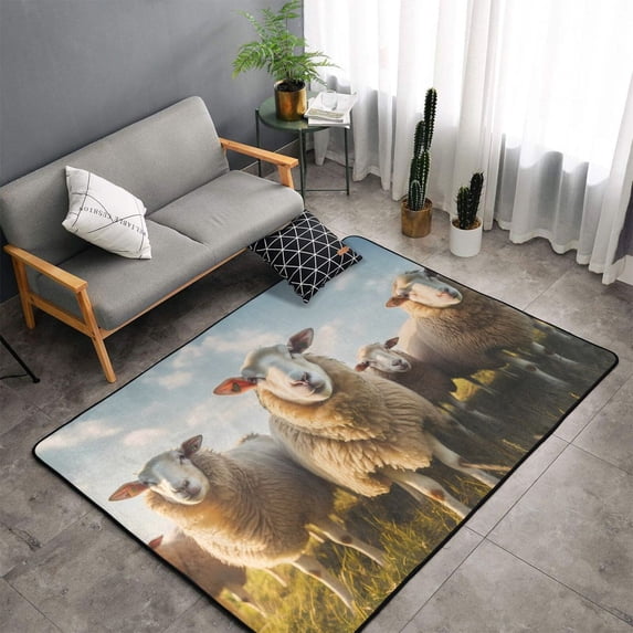 Shaggy Area Rug, Cute Prairie Sheep Herd Rugs for Living Room Bedroom Non Slip Door Mat Indoor Carpet Machine Washable Nursery Home Decor Floor Mats for Entryway 60x39in