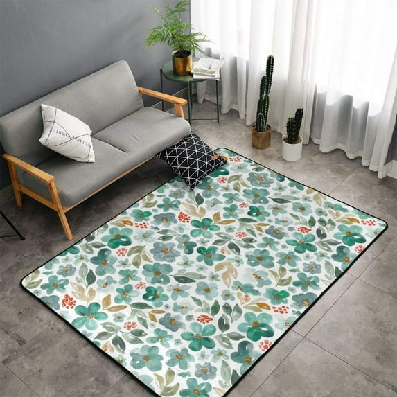Shaggy Area Rug, Floral In Teal Rugs for Living Room Bedroom Non Slip Door Mat Indoor Carpet Machine Washable Nursery Home Decor Floor Mats for Entryway 60x39in