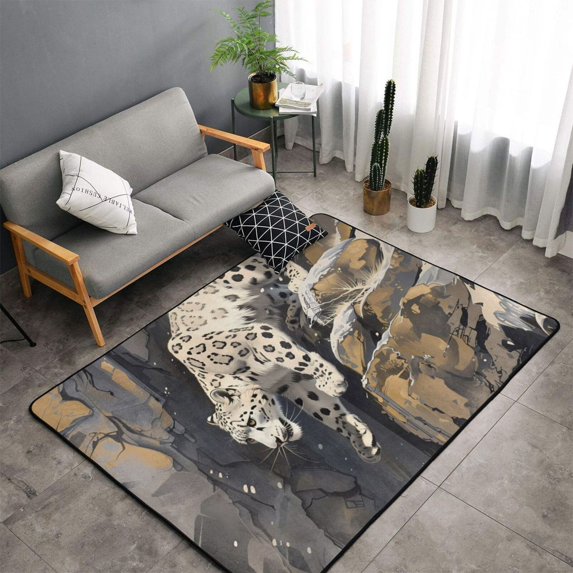 Shaggy Area Rug, Graceful Snow Leopard Rugs for Living Room Bedroom Non Slip Door Mat Indoor Carpet Machine Washable Nursery Home Decor Floor Mats for Entryway 60x39in