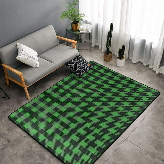 Shaggy Area Rug, Green Gingham Buffalo Plaid Rugs for Living Room Bedroom Non Slip Door Mat Indoor Carpet Machine Washable Nursery Home Decor Floor Mats for Entryway 60x39in