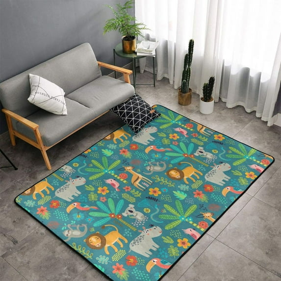 Shaggy Area Rug, Jungle Animals Rugs for Living Room Bedroom Non Slip Door Mat Indoor Carpet Machine Washable Nursery Home Decor Floor Mats for Entryway 60x39in