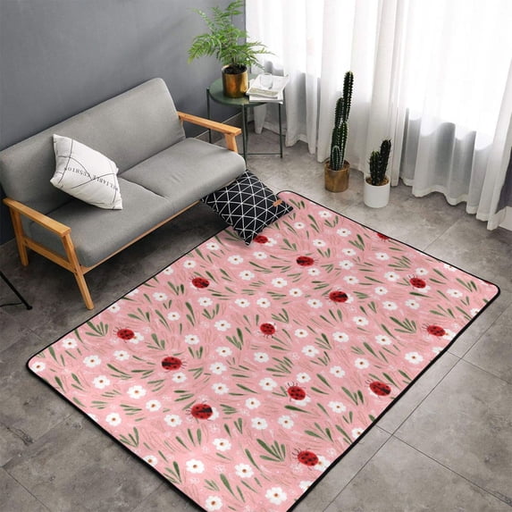 Shaggy Area Rug, Ladybug And Flowers Rugs for Living Room Bedroom Non Slip Door Mat Indoor Carpet Machine Washable Nursery Home Decor Floor Mats for Entryway 60x39in