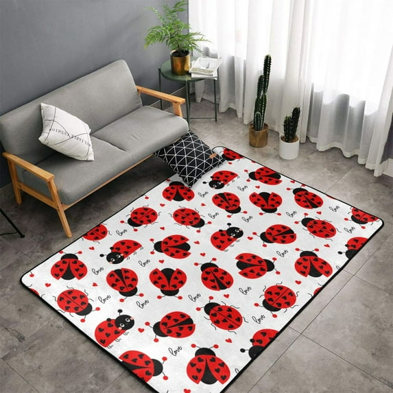 Shaggy Area Rug, Ladybug And Heart Rugs for Living Room Bedroom Non Slip Door Mat Indoor Carpet Machine Washable Nursery Home Decor Floor Mats for Entryway 60x39in