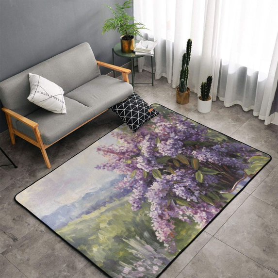 Shaggy Area Rug, Lilacs Teapot Scenic Painting Rugs for Living Room Bedroom Non Slip Door Mat Indoor Carpet Machine Washable Nursery Home Decor Floor Mats for Entryway 60x39in