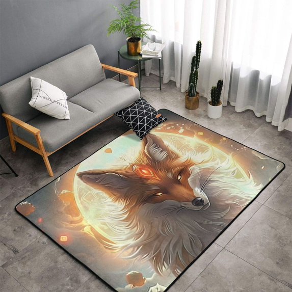 Shaggy Area Rug, Mystic Fox With Halo Rugs for Living Room Bedroom Non Slip Door Mat Indoor Carpet Machine Washable Nursery Home Decor Floor Mats for Entryway 60x39in