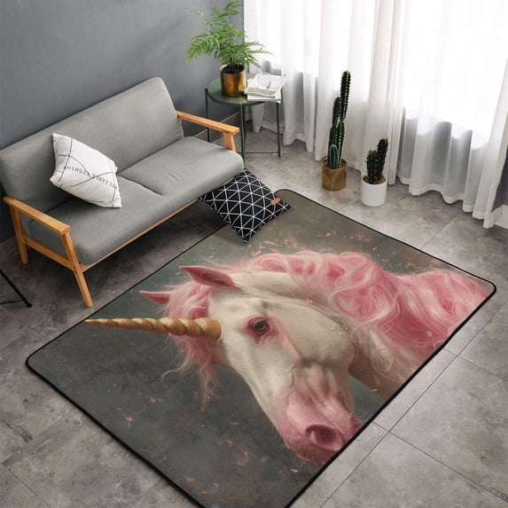 Shaggy Area Rug, Pink Haired White Horse Rugs for Living Room Bedroom Non Slip Door Mat Indoor Carpet Machine Washable Nursery Home Decor Floor Mats for Entryway 60x39in