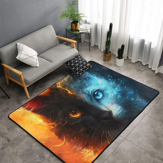 Shaggy Area Rug, Red and Blue Fire Cat Rugs for Living Room Bedroom Non Slip Door Mat Indoor Carpet Machine Washable Nursery Home Decor Floor Mats for Entryway 60x39in
