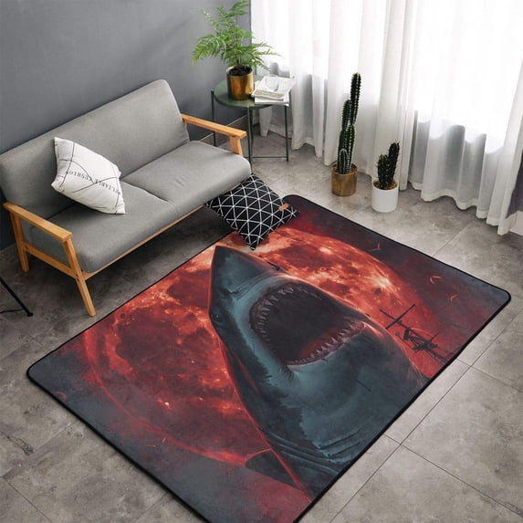 Shaggy Area Rug, Red Moon Shark Sailboat Rugs for Living Room Bedroom Non Slip Door Mat Indoor Carpet Machine Washable Nursery Home Decor Floor Mats for Entryway 60x39in