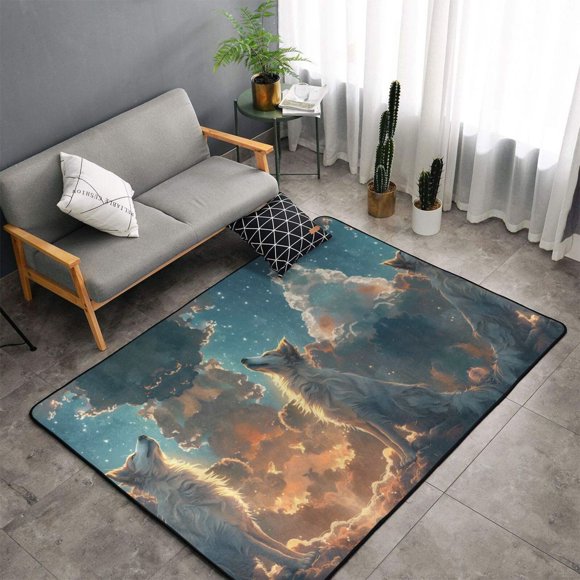Shaggy Area Rug, Starry Sky Cloud Wolf Rugs for Living Room Bedroom Non Slip Door Mat Indoor Carpet Machine Washable Nursery Home Decor Floor Mats for Entryway 60x39in