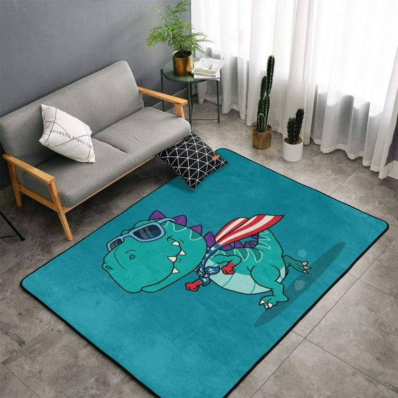 Shaggy Area Rug, Superhero Dinosaur Adventure Rugs for Living Room Bedroom Non Slip Door Mat Indoor Carpet Machine Washable Nursery Home Decor Floor Mats for Entryway 60x39in