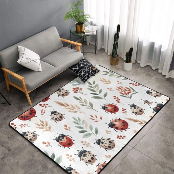 Shaggy Area Rug, Watercolor Ladybug Rugs for Living Room Bedroom Non Slip Door Mat Indoor Carpet Machine Washable Nursery Home Decor Floor Mats for Entryway 60x39in
