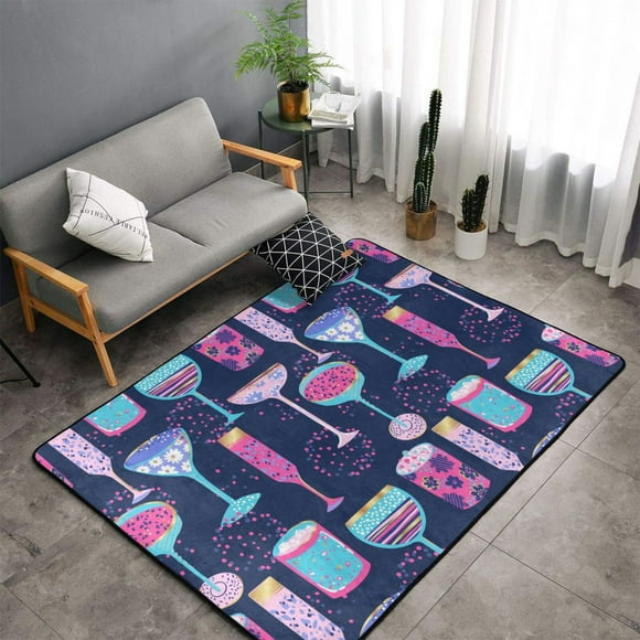 Shaggy Area Rug, Wine Glasses And Cocktails Rugs for Living Room Bedroom Non Slip Door Mat Indoor Carpet Machine Washable Nursery Home Decor Floor Mats for Entryway 60x39in