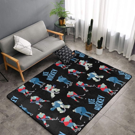 Shaggy Area Rug, cool Ice Hockey black Rugs for Living Room Bedroom Non Slip Door Mat Indoor Carpet Machine Washable Nursery Home Decor Floor Mats for Entryway 60x39in