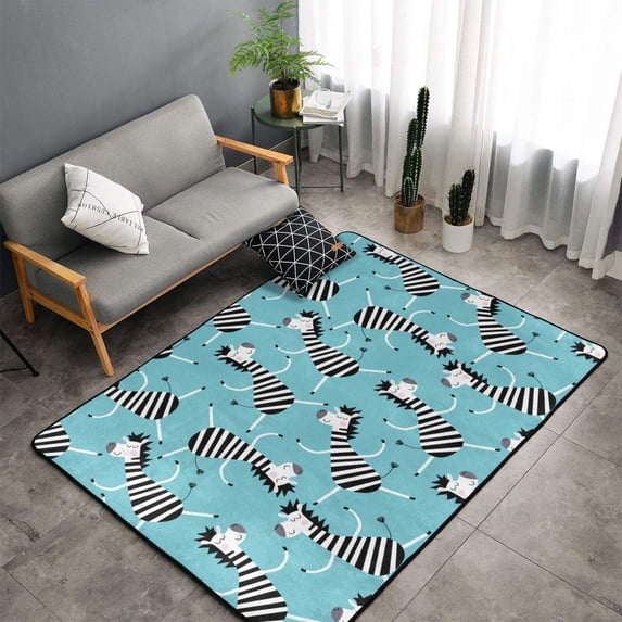 Shaggy Area Rug, funny cute zebra blue Rugs for Living Room Bedroom Non Slip Door Mat Indoor Carpet Machine Washable Nursery Home Decor Floor Mats for Entryway 60x39in