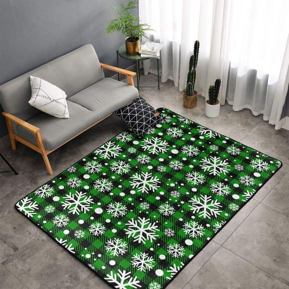 Shaggy Area Rug, green grid white snowflakes Plaid Rugs for Living Room Bedroom Non Slip Door Mat Indoor Carpet Machine Washable Nursery Home Decor Floor Mats for Entryway 60x39in