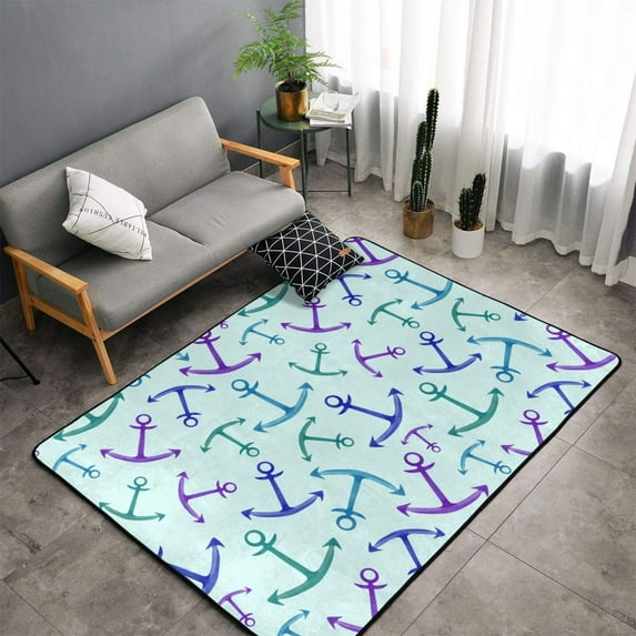 Shaggy Area Rug, purple blue anchor green Rugs for Living Room Bedroom Non Slip Door Mat Indoor Carpet Machine Washable Nursery Home Decor Floor Mats for Entryway 60x39in