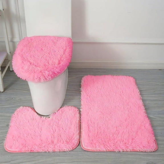 Shaggy Bathroom Rugs Sets 3Piece Pink Bath Mat for Bathroom Non-Slip Bathroom Mats Water Absorbent Bath Rug Floor Mats Soft Washable Shower Rug with U-Shaped Contour Rug Toilet Lid Cover