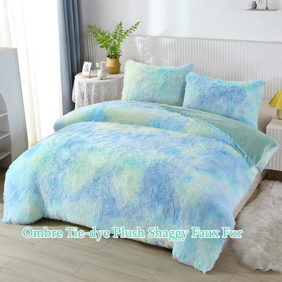 Shaggy Bedding Comforter Set Faux Fur Flannel Furry Comforter Microfiber Long Hair Fluffy Plush Comforter Sets Ombre Blue Green Bedding for Girls Adults (3Pcs, Queen, Blue Green)