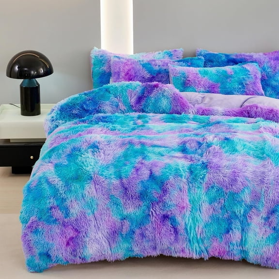 Shaggy Bedding Set for Girls Tie Dye Faux Fur Duvet Cover Set Full Size Fluffy Plush Velvet Comforter Cover Pillowcases (Blue ,Full)