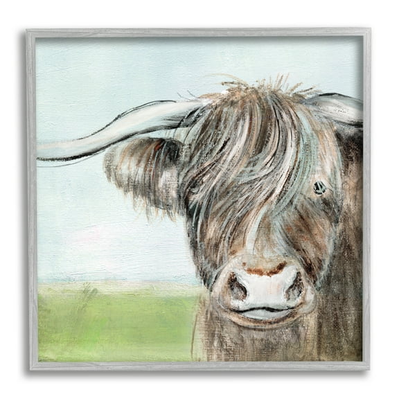 Shaggy Cattle Brown Country Animal Blue Sky Animals & Insects Framed Art Print Wall Art, 17x17