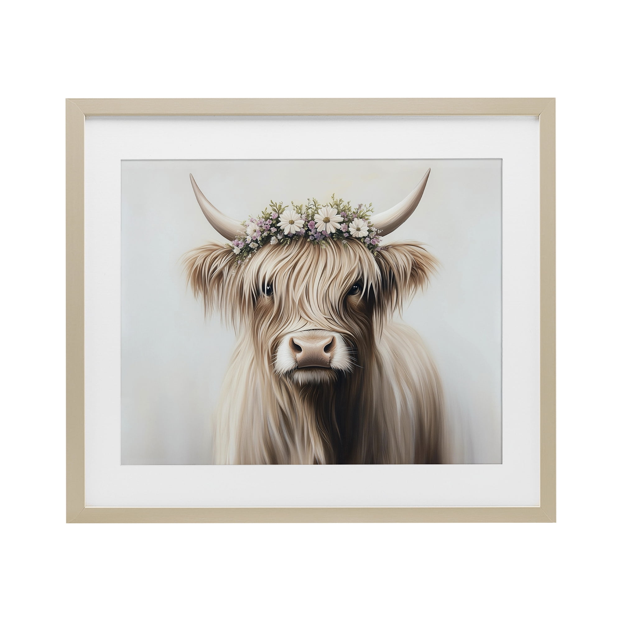 Shaggy Cattle Floral Crown Birch Framed Print Under Glass, design by Shawna Stewart