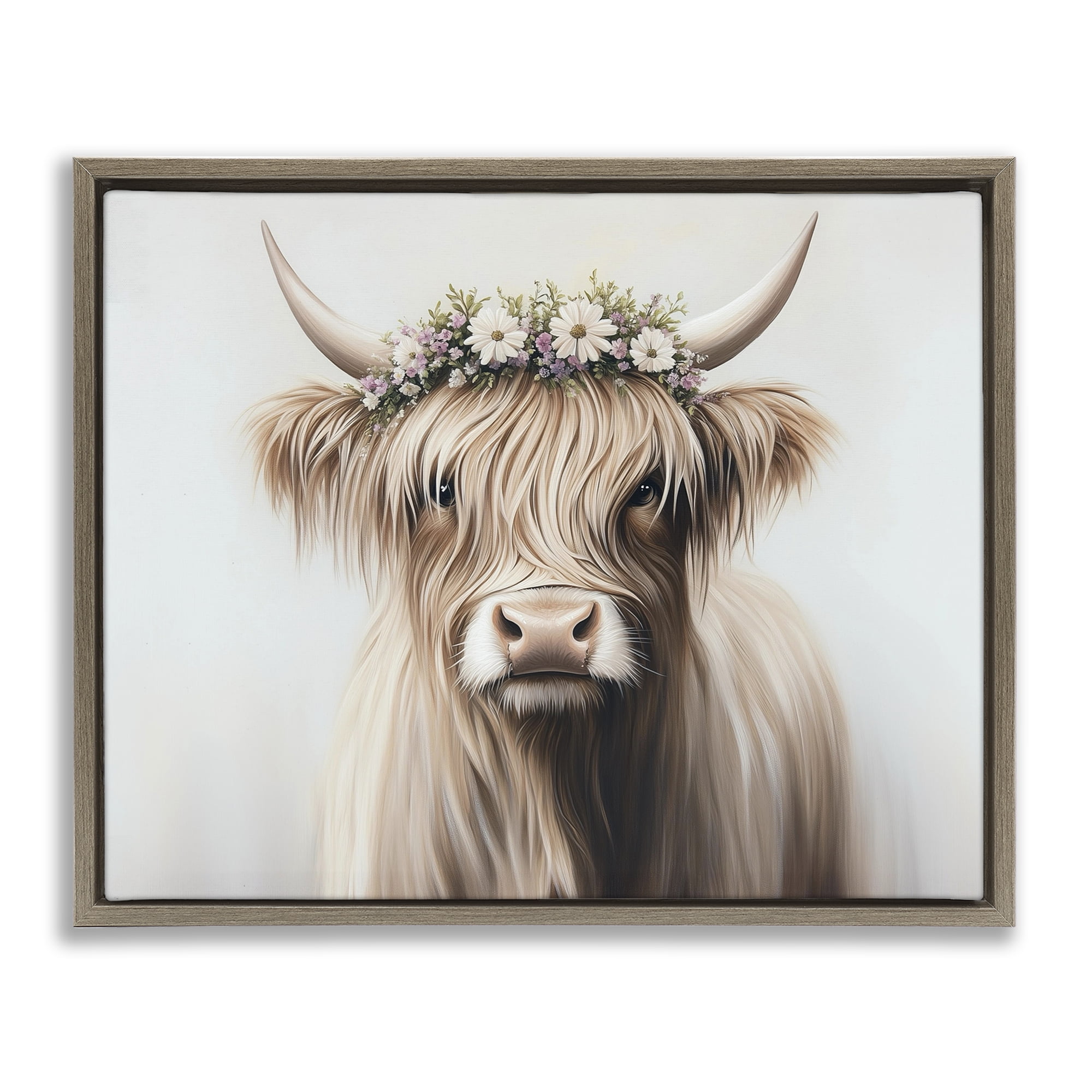 Shaggy Cattle Floral Crown Brown Framed Floater Canvas Wall Art, design by Shawna Stewart