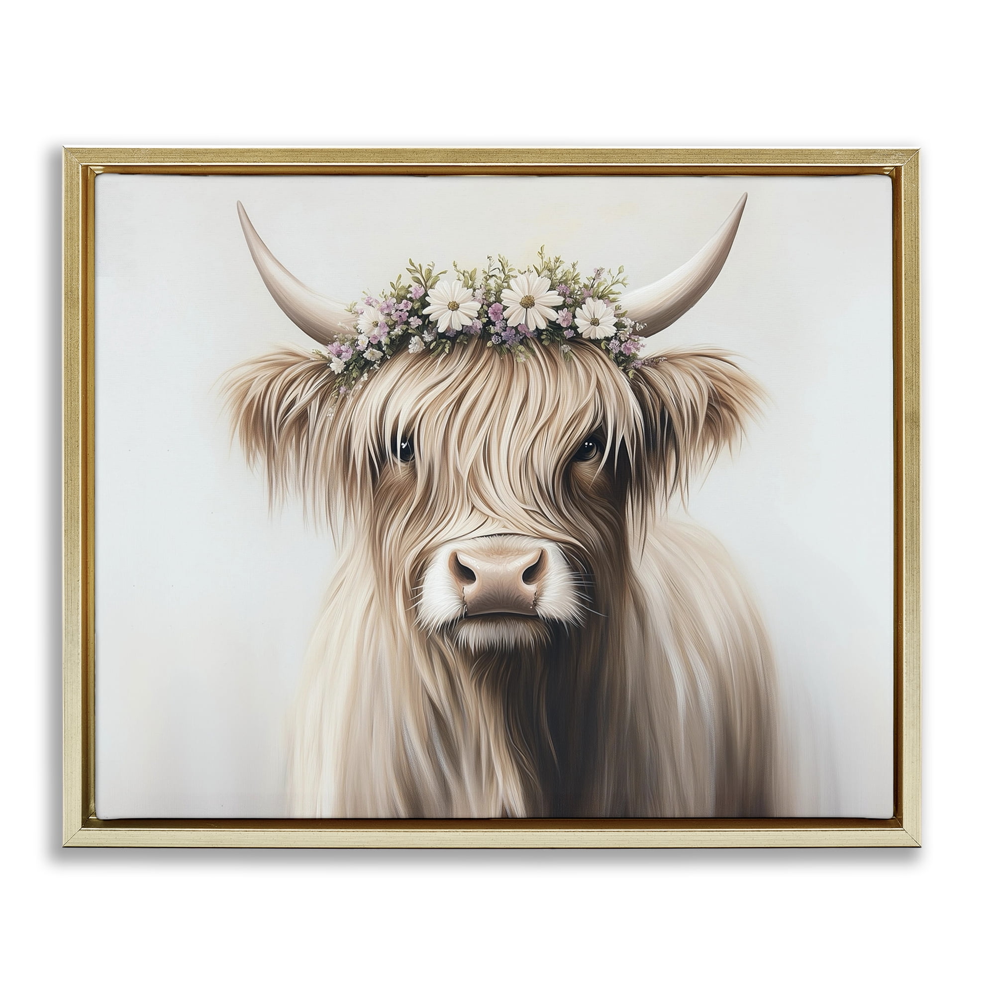 Shaggy Cattle Floral Crown Gold Framed Floater Canvas Wall Art, design by Shawna Stewart