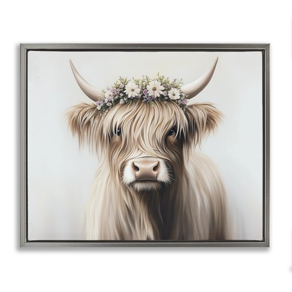 Shaggy Cattle Floral Crown Gray Framed Floater Canvas Wall Art, design by Shawna Stewart