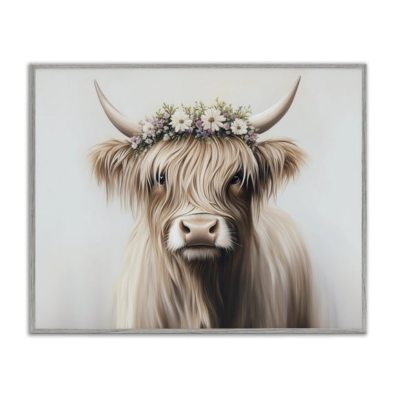 Shaggy Cattle Floral Crown Gray Framed Giclee Art, design by Shawna Stewart