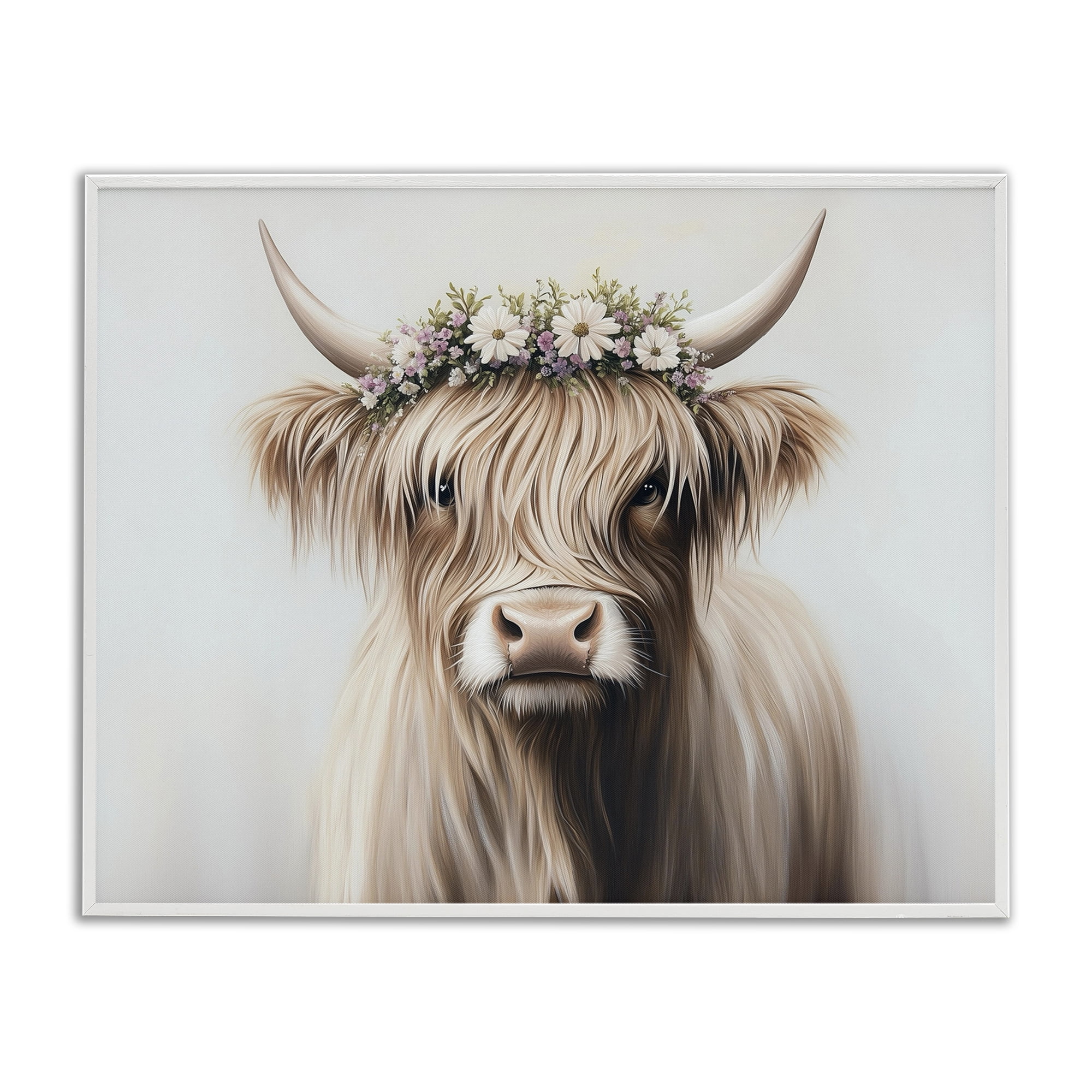 Shaggy Cattle Floral Crown White Framed Giclee Art, design by Shawna Stewart