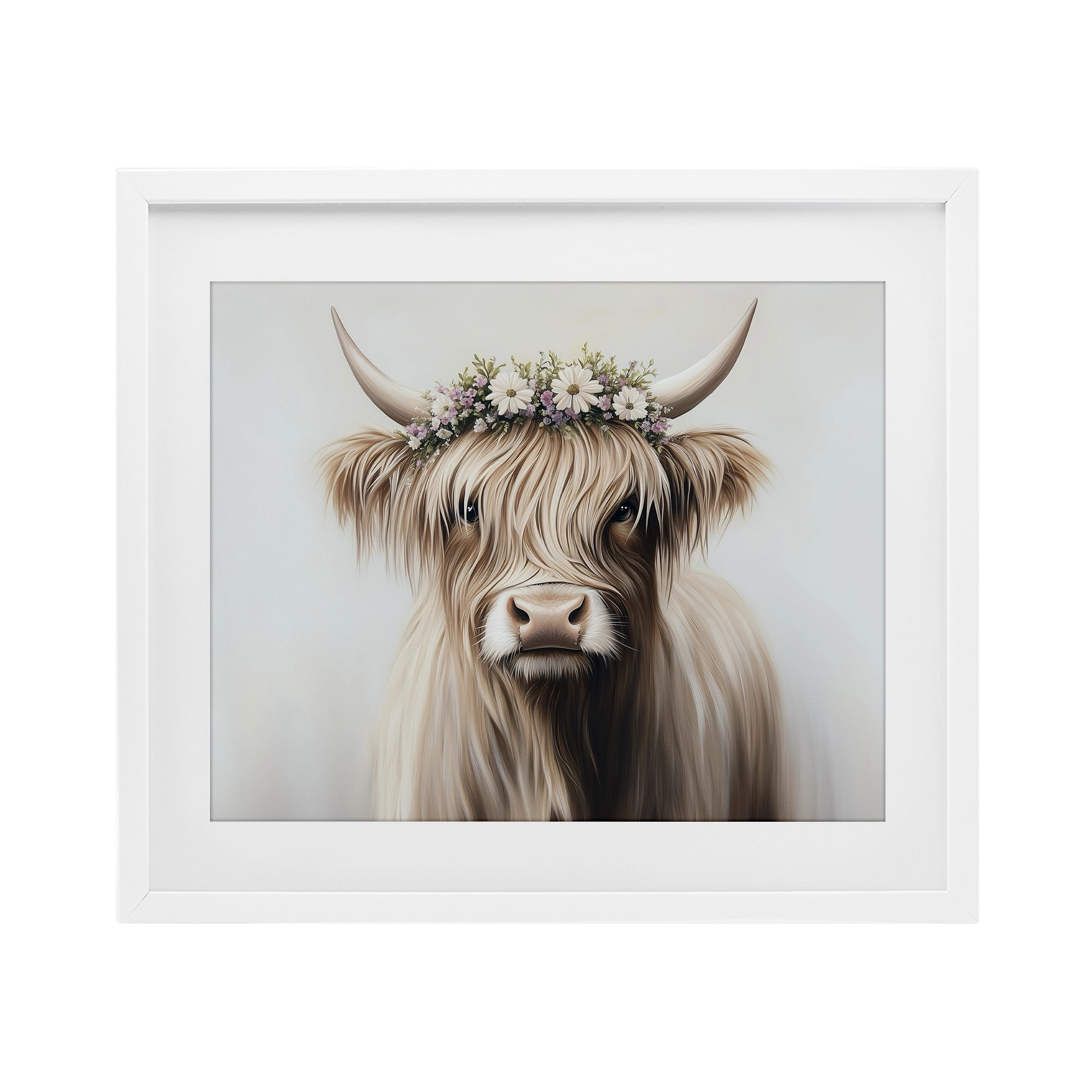 Shaggy Cattle Floral Crown White Framed Print Under Glass, design by Shawna Stewart
