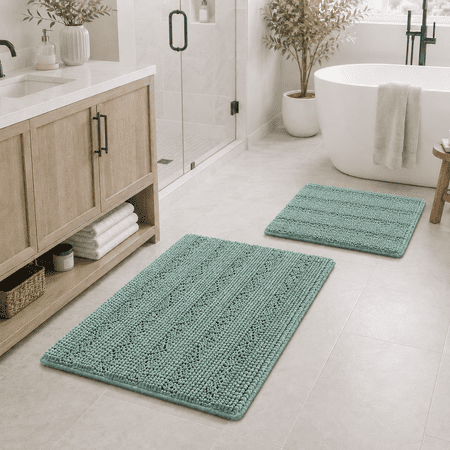 PrimeBeau Absorbent Striped Bathroom Rug Set of 2, High Water Absorption - EggShell Color