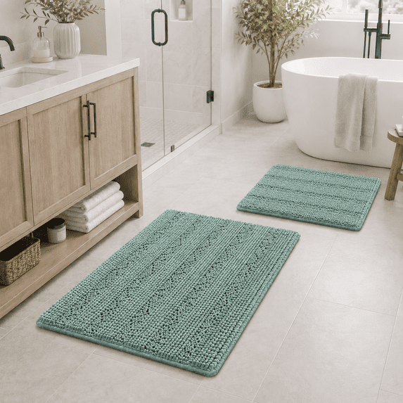 PrimeBeau Absorbent Striped Bathroom Rug Set of 2, High Water Absorption - EggShell Color